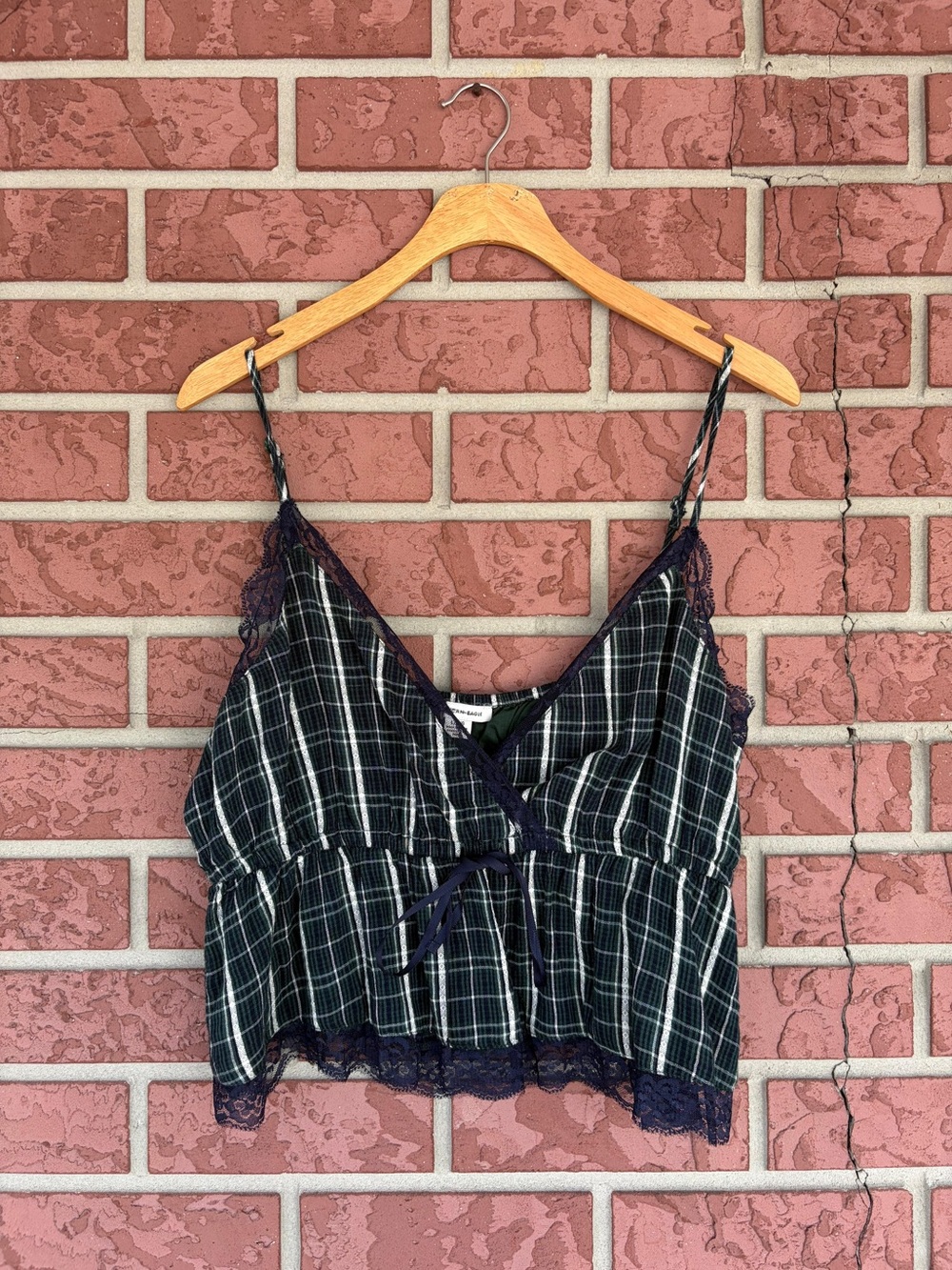 American Eagle Outfitters Black and White Plaid Lace-Trim Cami